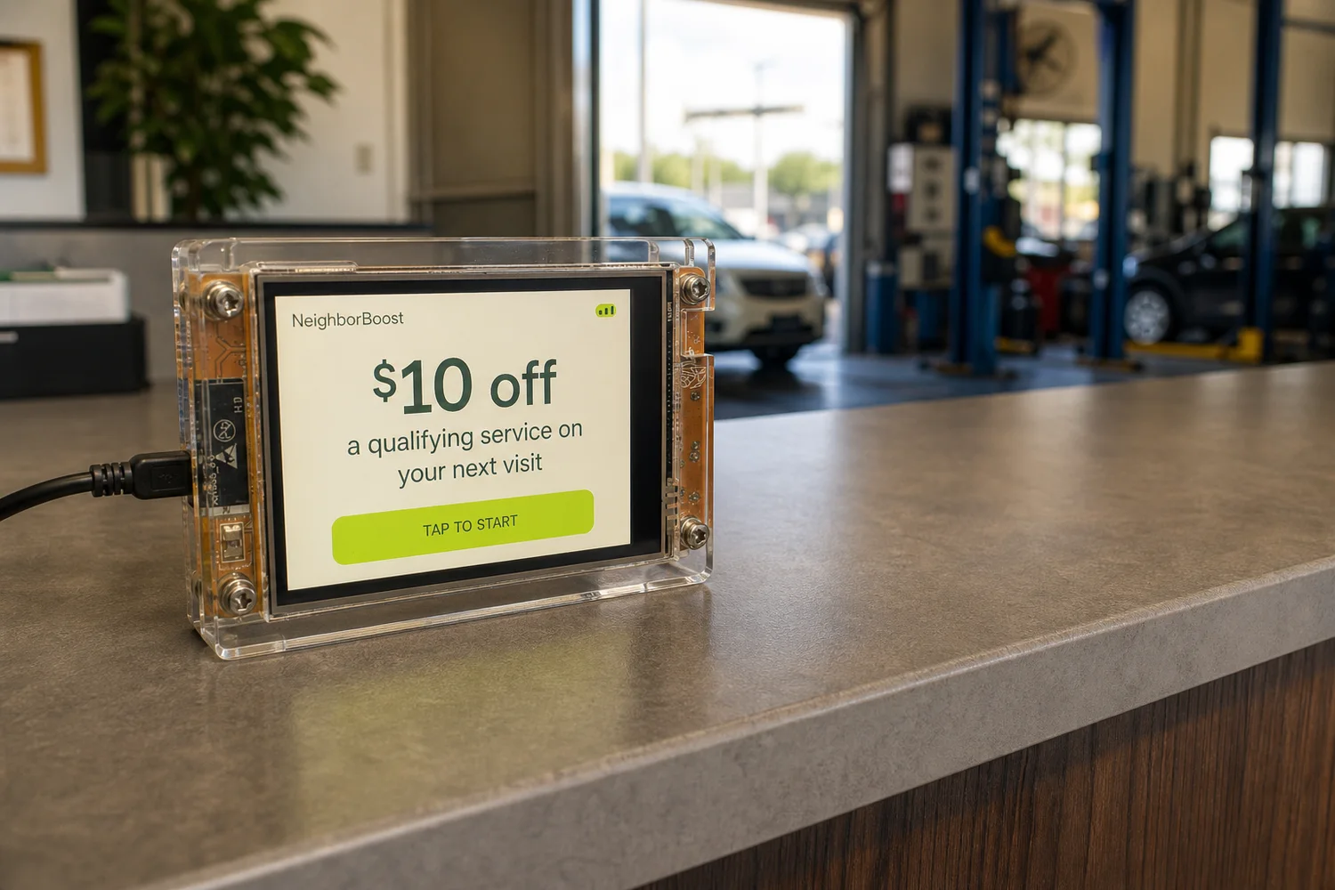 Photorealistic rendering of the NeighborBoost prototype on an automotive service counter