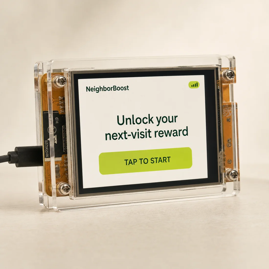 Photorealistic rendering of the NeighborBoost prototype in its transparent acrylic case